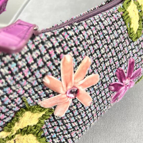 Vintage Womens Embroidered Rhinestone Velvet Floral Shoulder Bag Purse Boho - Picture 7 of 13